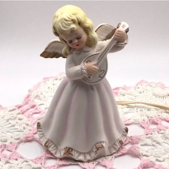 Vintage Porcelain Bisque Angel Night Light Lamp Pink 7 in - Picture 2 of 15